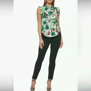 DKNY Green Floral-Print Sleeveless Ruffle Blouse Top Size L